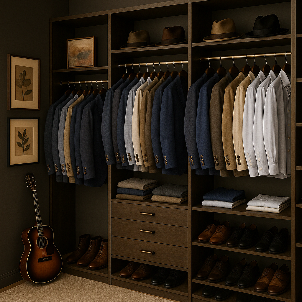 The Lucas Brothers Custom Menswear Sleek Walk-In Closet with Accessories